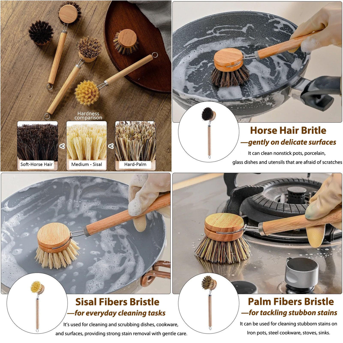 SUPRNN Bamboo Dish Brush with Handle, 1 Sturdy Wooden Handle with 3 Natural Bristle Heads, Horsehair, Sisal, Palm - All Purpose Kitchen Scrubber, Bamboo Wok Brush, Fruit and Veggie Scrubber