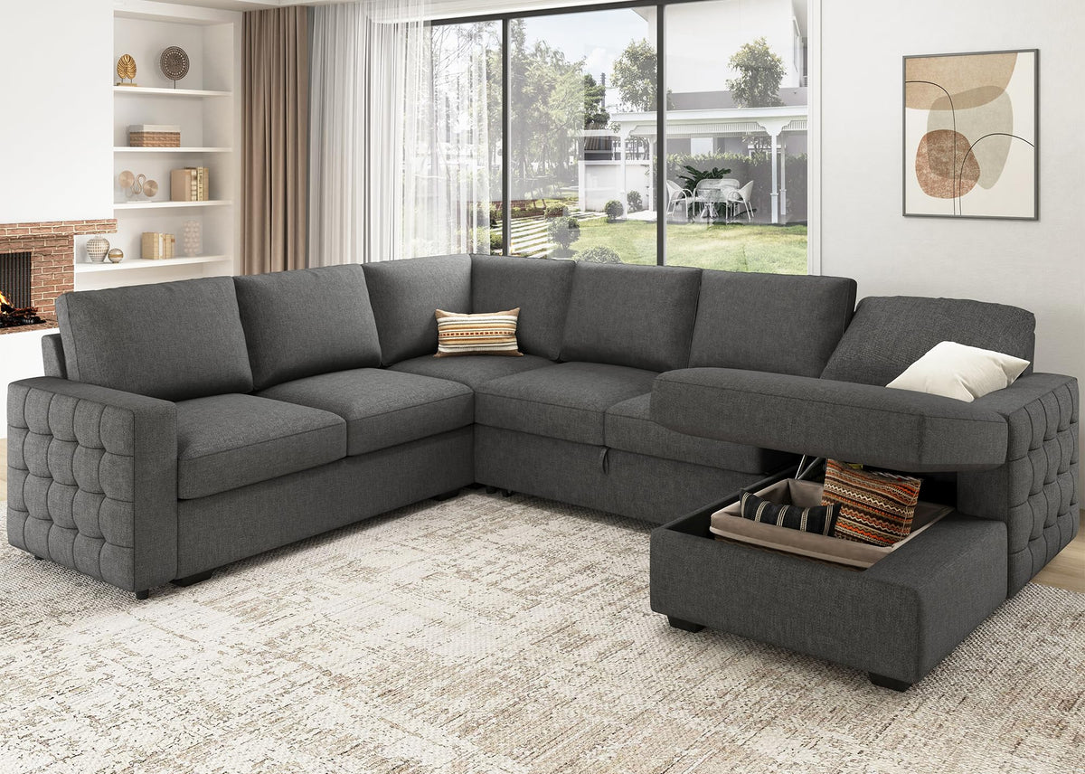 HONBAY Sectional Sleeper Sofa with Pull Out Bed U-Shape Sectional Couch Sleeper Bed with Storage Chaise 6 Seater Sleeper Sectional Sofa, Light Grey