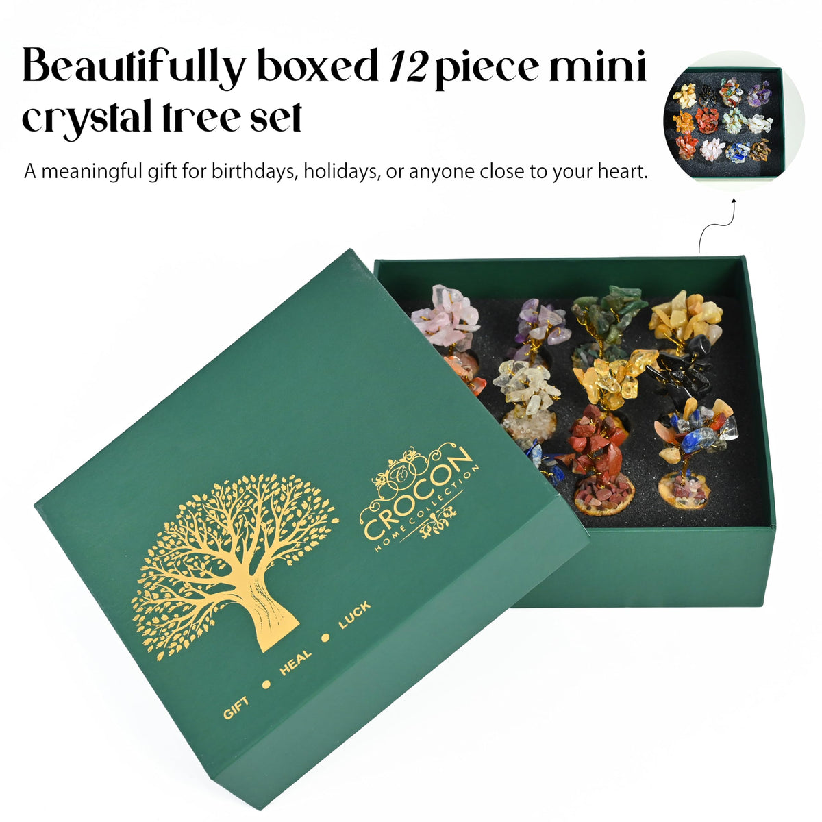 Crocon® Crystal Tree Set of 12 Mini Unique Birthday Gifts for Women, Sister, Mom, Home Office Decor, Shelf Desk Decoration for Positive Energy, Bring Good Luck, Money, Chakra Tree of Life Gift Sets