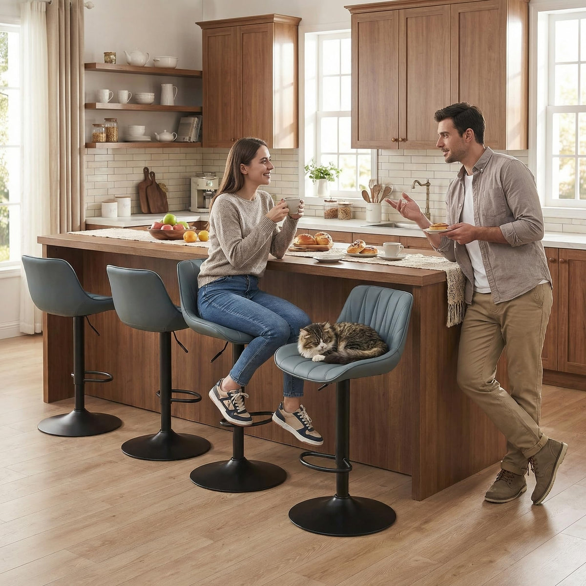 YOUNIKE Grayish Green Bar Stools Set of 2, Faux Leather Padded Counter Height Swivel Bar Chairs, Adjustable Barstools with Back for Kitchen Island, Modern Tall Sunburst-Line Series
