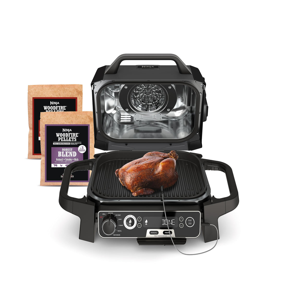 Ninja OG751 Woodfire Pro Outdoor Grill Built-In Thermometer,7-in-1 Master Grill,BBQ Smoker,& Outdoor Air Fryer Plus Bake,Roast,Dehydrate & Broil,Woodfire Technology,Weather-Resistant,Grey XL