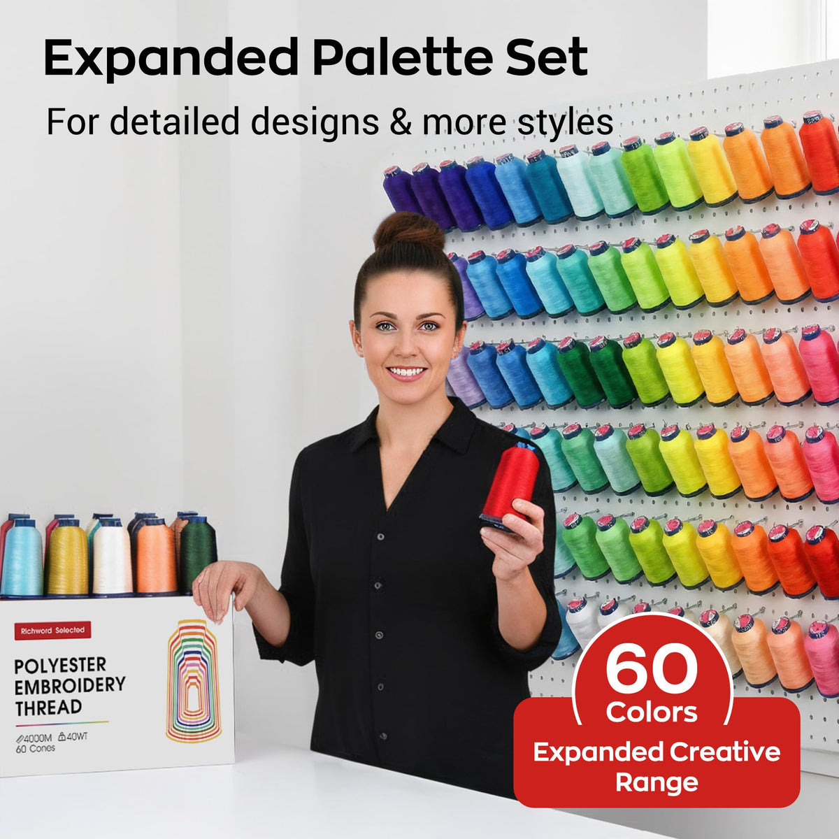 Poolin Embroidery Machine Thread Richword Selected 60 Colors 40WT (108D/2) Polyester Thread Kit Each Cone 4000M (4374Y)