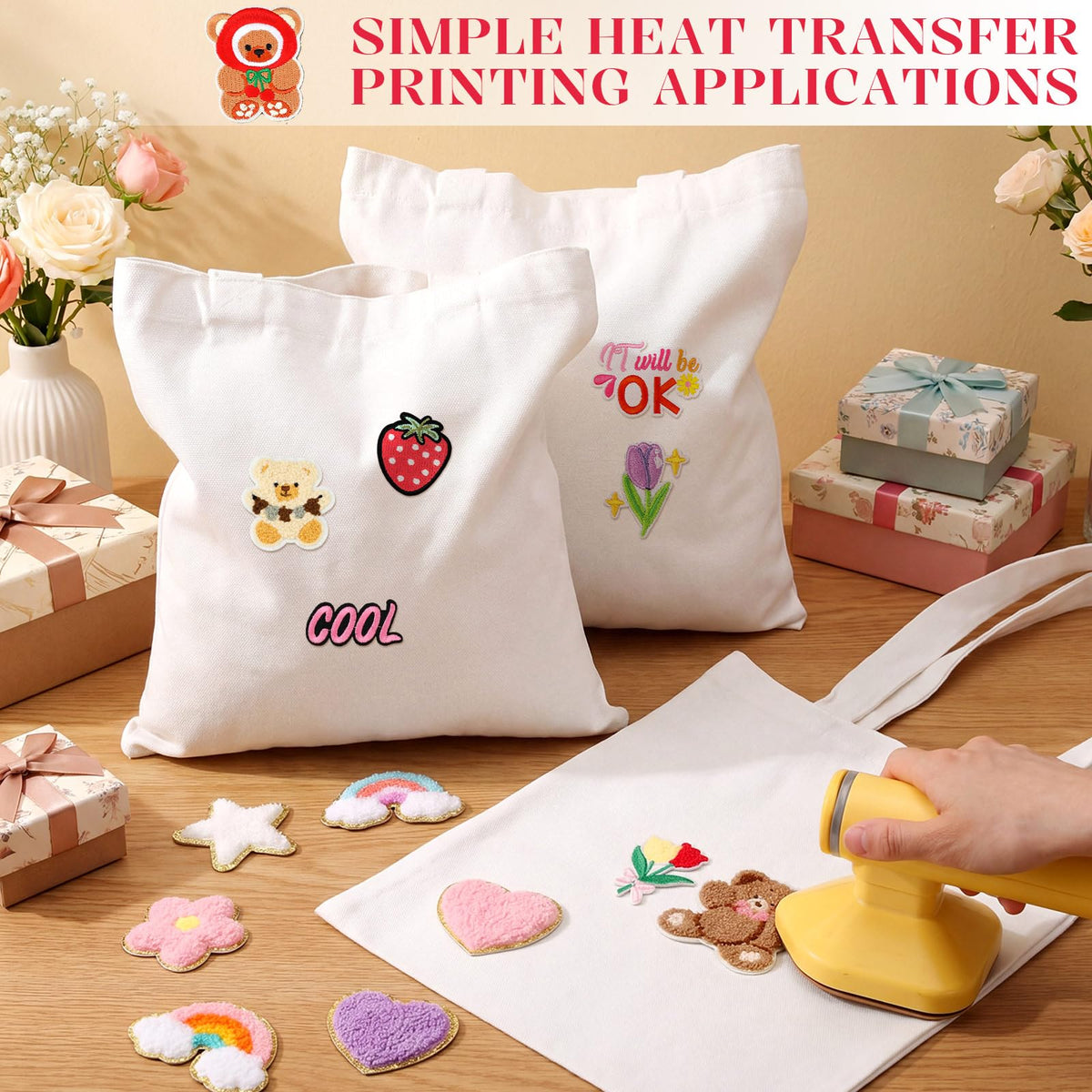 Meanplan 8 Pack DIY Canvas Tote Bag Bulk Tea Party Favors for Women with 119pcs Embroidered Patches Creative Craft Resuable Blank Canvas Bags DIY for Birthday Bachelorette Party Craft