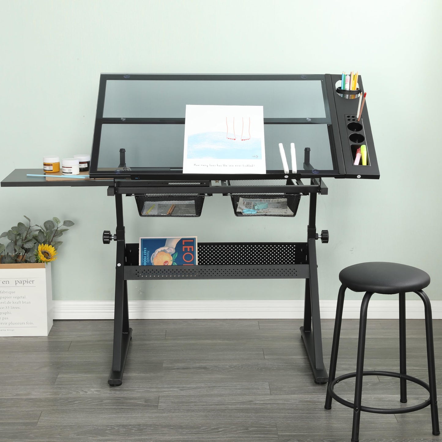 Gecheer Professional Black Drafting Table with Adjustable Tempered Glass Tilting Top 75° Angle and Storage Drawers Chair Included
