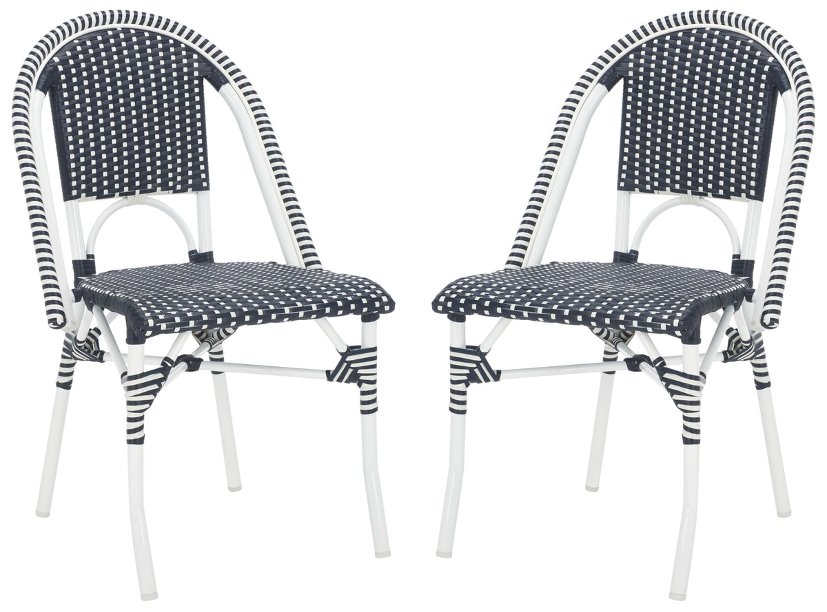 SAFAVIEH Outdoor - Torino Bistro Chair Set of 2 - Navy & White - Faux Wicker & Aluminum Frame - Bistro Side Chair Design - Ideal for Patio, Deck, Sunroom, Dining Area, 18" Seat Height (PAT7550F-SET2)