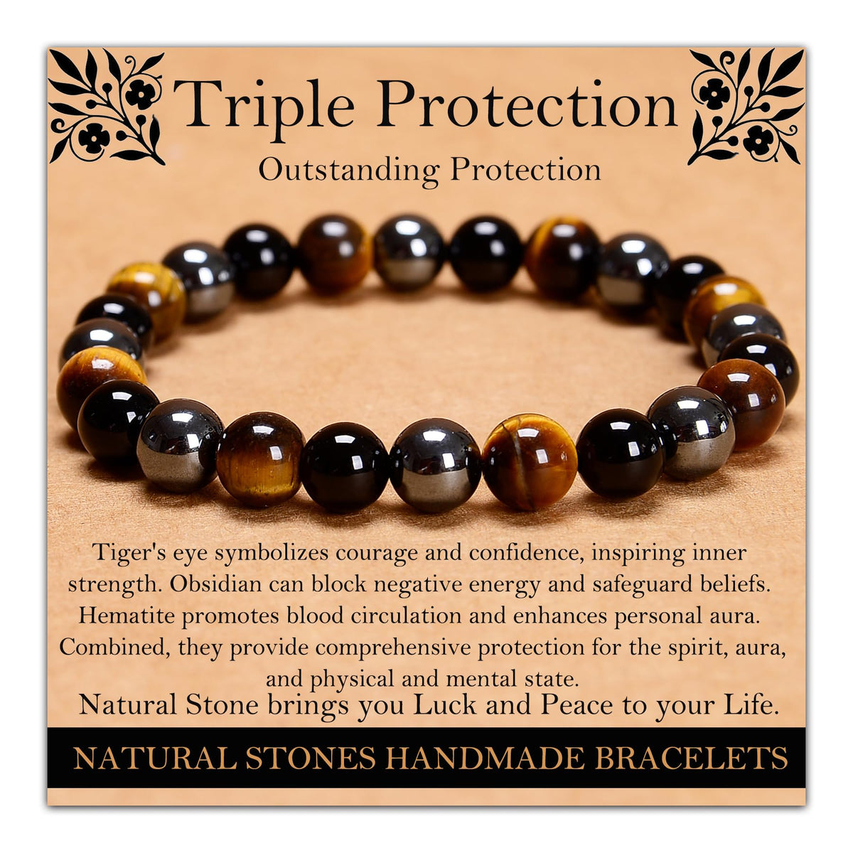 Handmade Natural Gemstone Elastic Bracelet - Healing Crystal Beads Jewelry, Unisex (Triple Protection, 8mm)