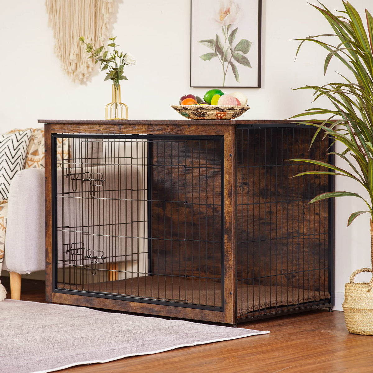 DWANTON Dog Crate Furniture with Cushion, Wooden Kennel Table with Double Doors, Indoor Dog House, Extra Large Size, 43.3" L, Rustic Brown