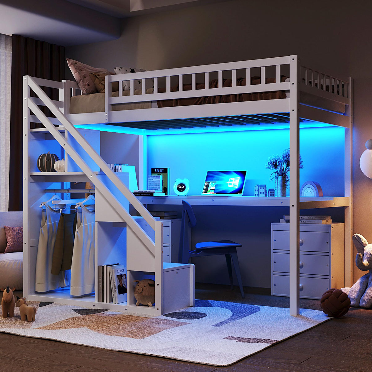 Bellemave Twin Loft Bed with Stairs and Shelves, Wood Loft Bed with Two Chest of Drawers, Wardrobe, LED for Kids, Teens, Adults, White