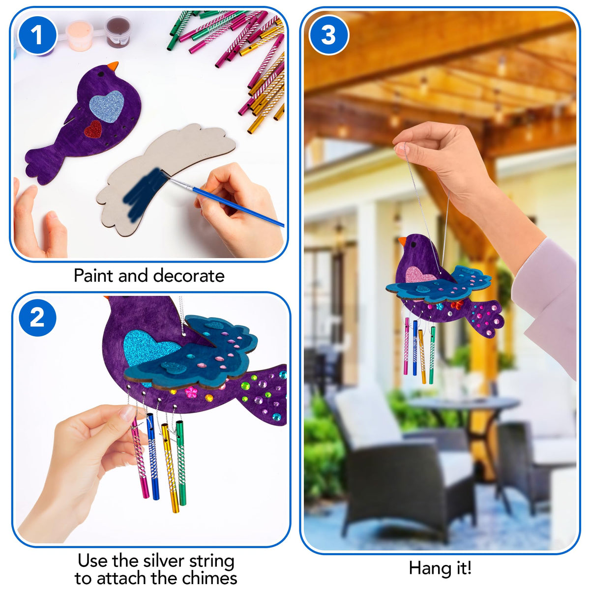 ArtCreativity DIY Wind Chime Kit for Kids - 8 Pack - Wooden Wind Chime Set with Paint Kit, Rhinestone Flower Stickers, Glitter Heart Foam Stickers, and More - Summer Arts and Crafts for Kids 3 and Up
