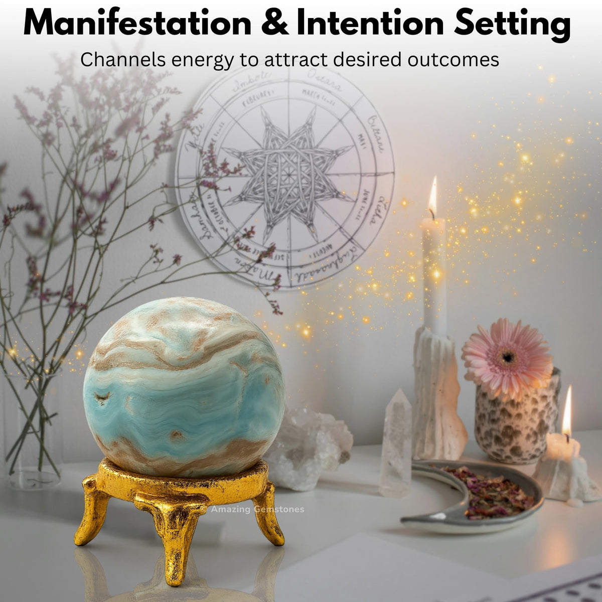Amazing Gemstone Caribbean Calcite Crystal Ball with Stand - 2" Inches Crystal Sphere Meditation Balls for Witchcraft and Decorative Balls