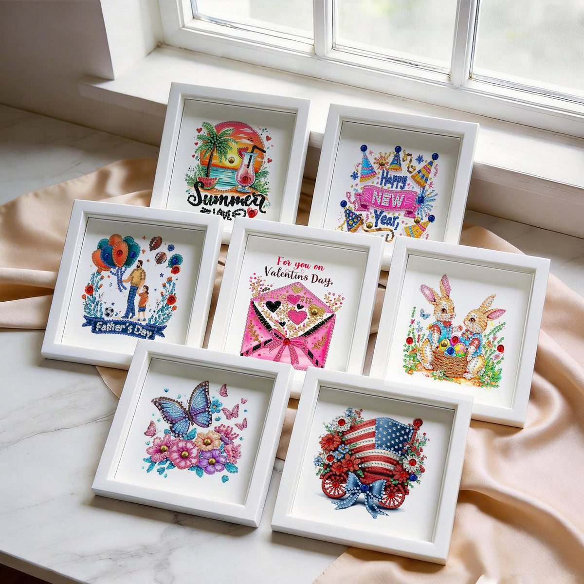 DOZEEZOP 12-Pack Interchangeable Diamond Art Kits for Adults Beginners Teens with Frame, Holiday & Seasonal 5D Diamond Paintings with Round Partial Drill, Home Decor DIY Craft Gift (7x7 Inch)