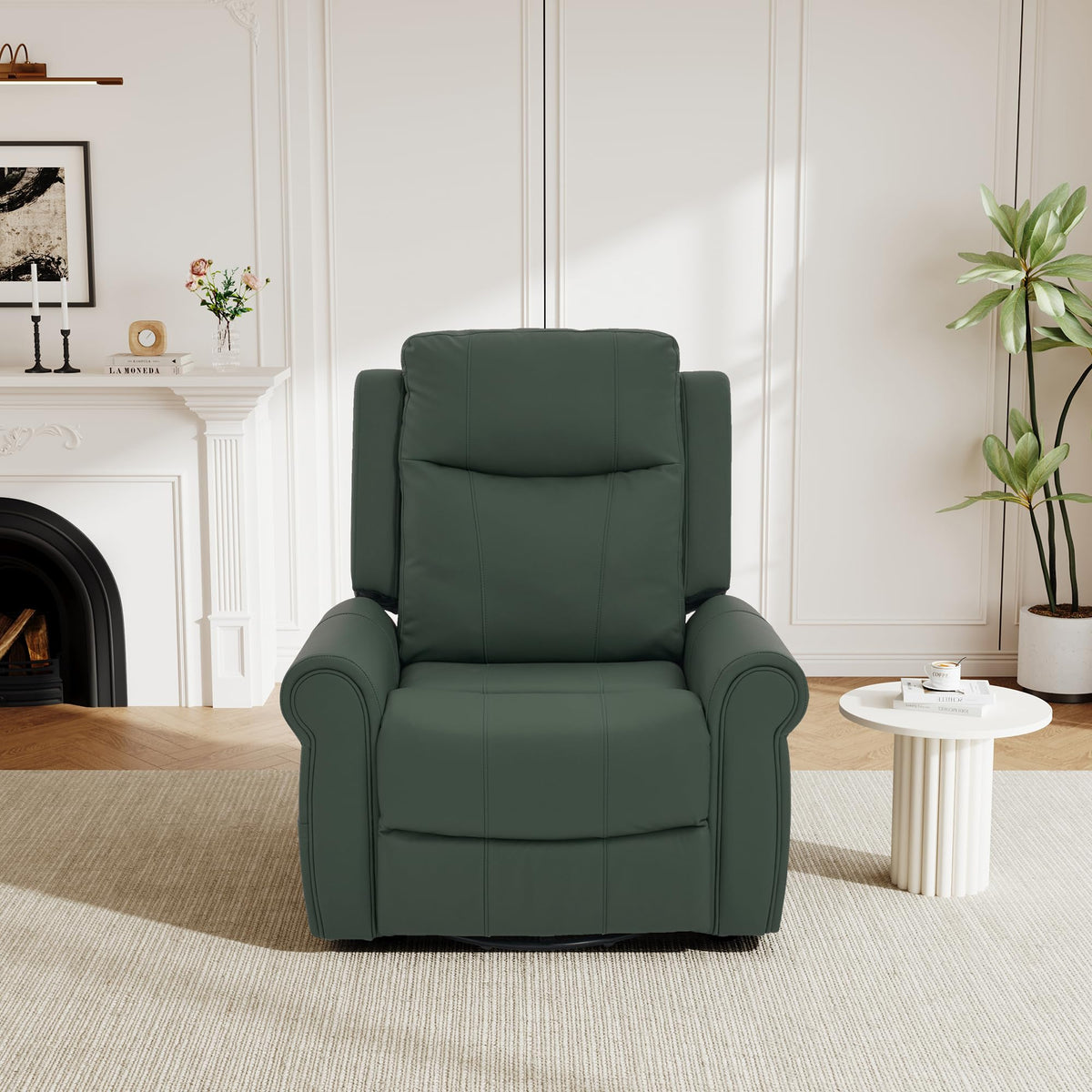 Merax 270°Swivel Rocker Recliner Chair, PU Leather Manual Recliner with Massage and Heating, Dual Reclining Positions and Side Pocket and for Living Room, Bedroom, or Nursery, Green