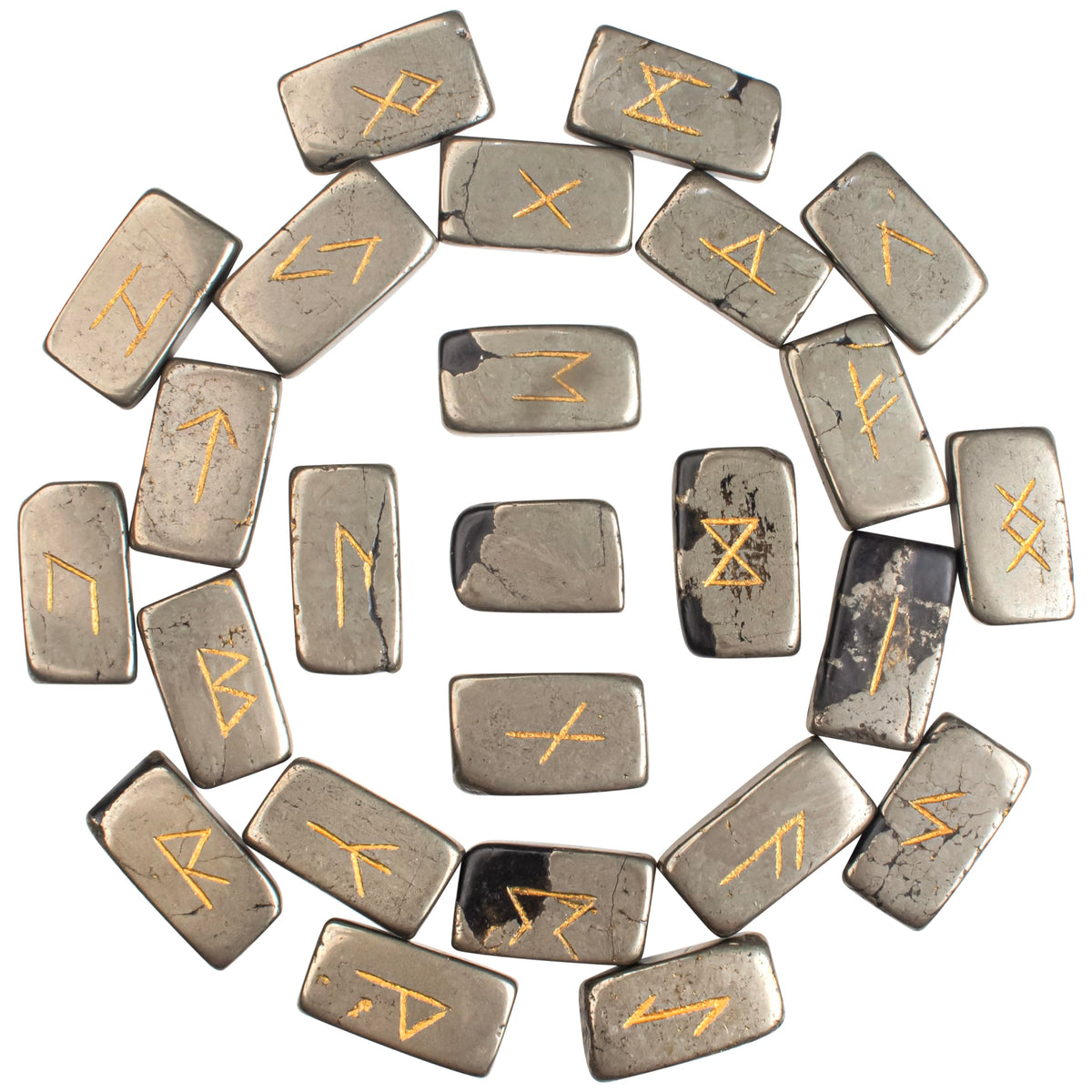 Crocon Golden Pyrite Rectangle Shape Gemstone Runes with Elder Futhark Alphabet Engraved 25 pcs Rune Set Crystal Divination Healing Chakra Reiki Runes Set with a Pouch Size : 20-25mm