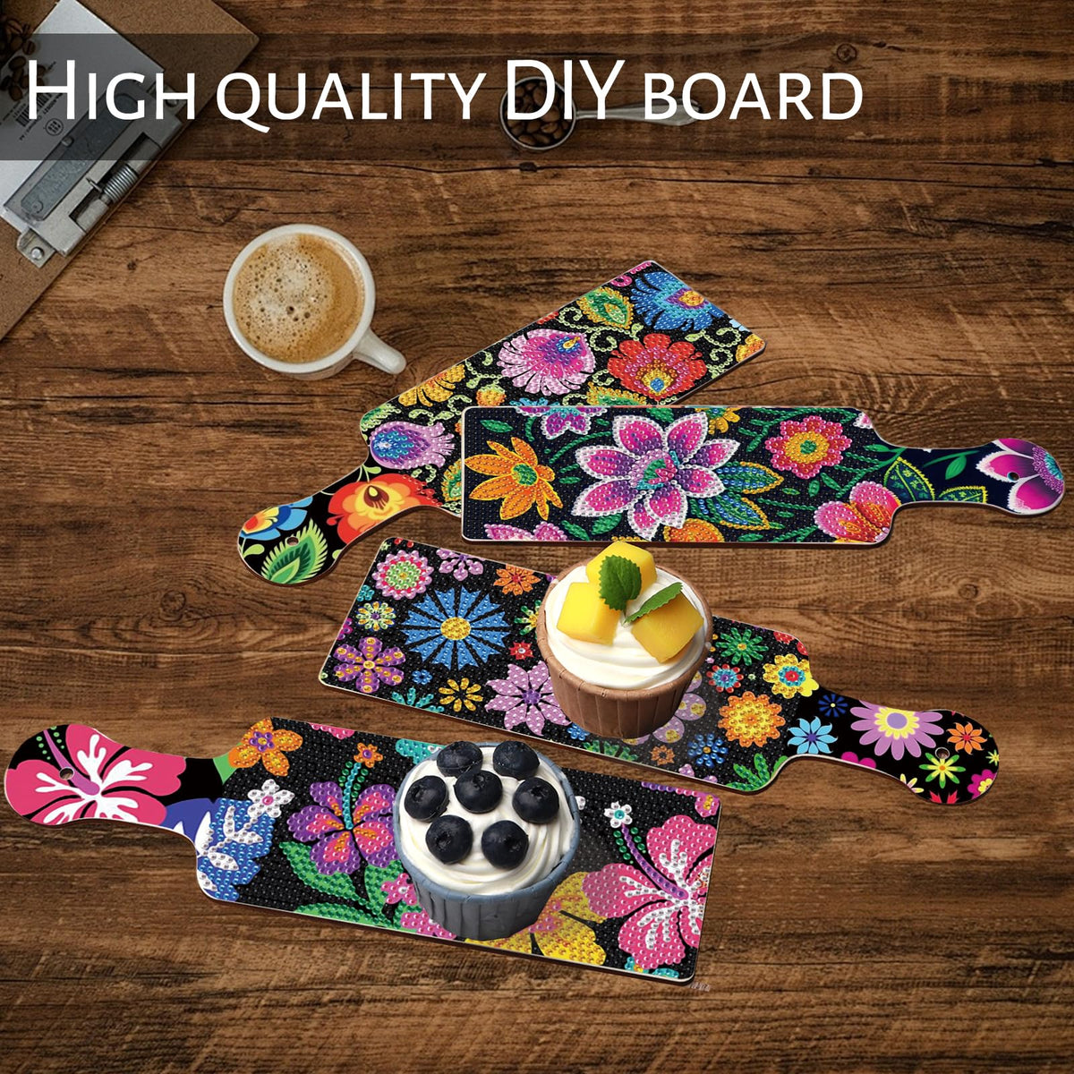 4 Pcs Diamond Art Painting Tray Board for Adults, DIY Crystal Rhinestones Diamond Art Board for Dining Table, Dessert Display Indoor Kitchen Dining Table Decoration New Year Gift (Flower Pattern)