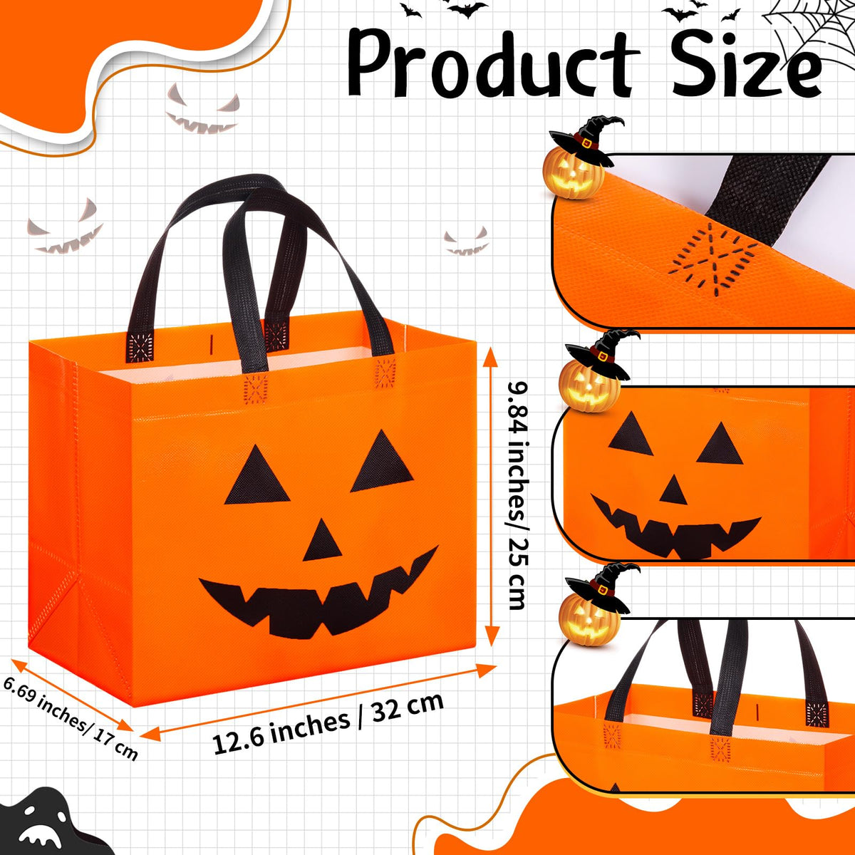 Lincia 24 Pcs Halloween Non Woven Pumpkin Bag 12.6 x 9.8 Inch Reusable Trick or Treat Gift Candy Goodie Handles Bag for Halloween Birthday Party Favors Classroom