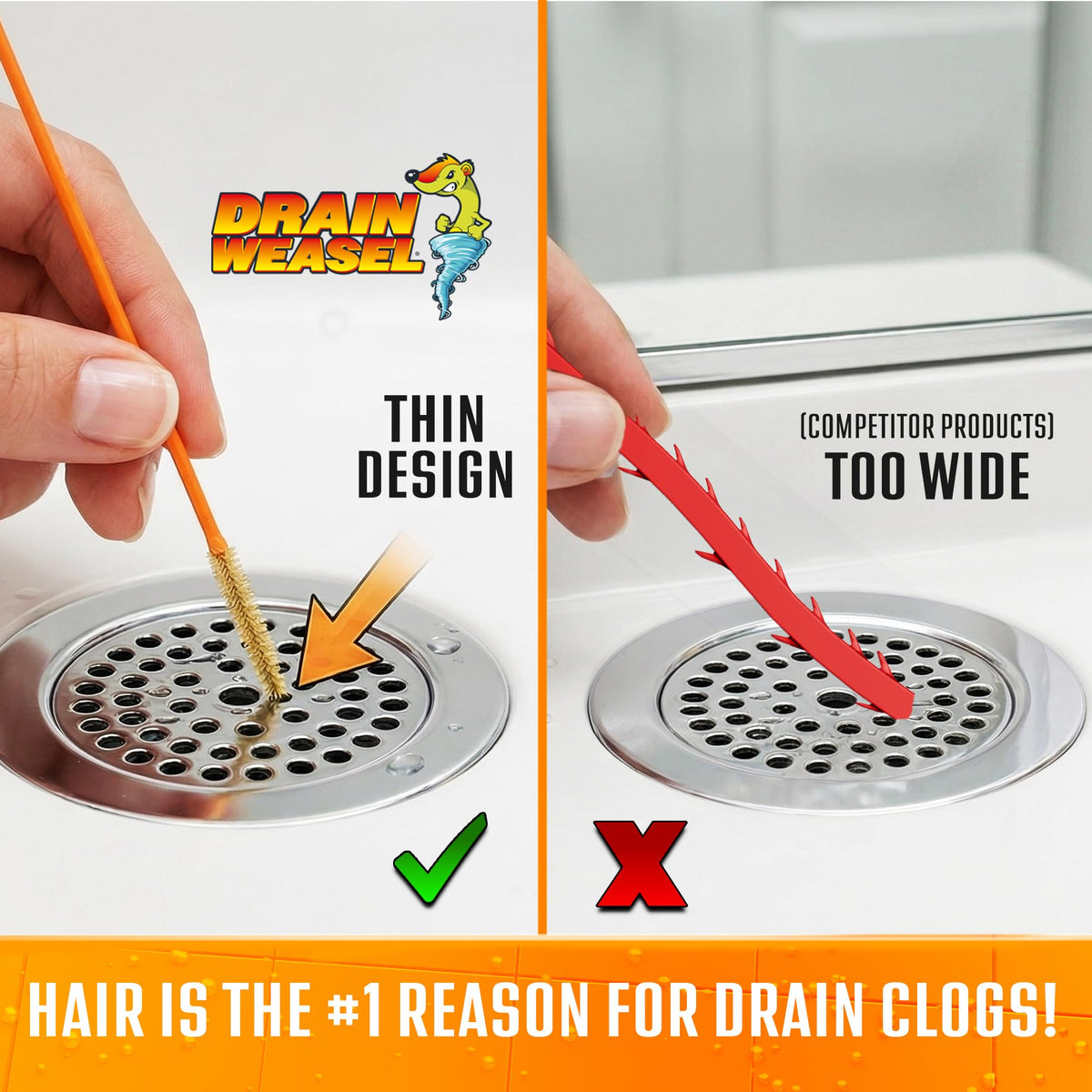 FlexiSnake Drain Weasel Refill - Sink Snake Hair Clog Remover Tool, Sink, Pipe, Bathroom, Bathtub Drain Cleaner, 18-inch Long Flexible Disposable Wands, Made in The USA, 5 Pack