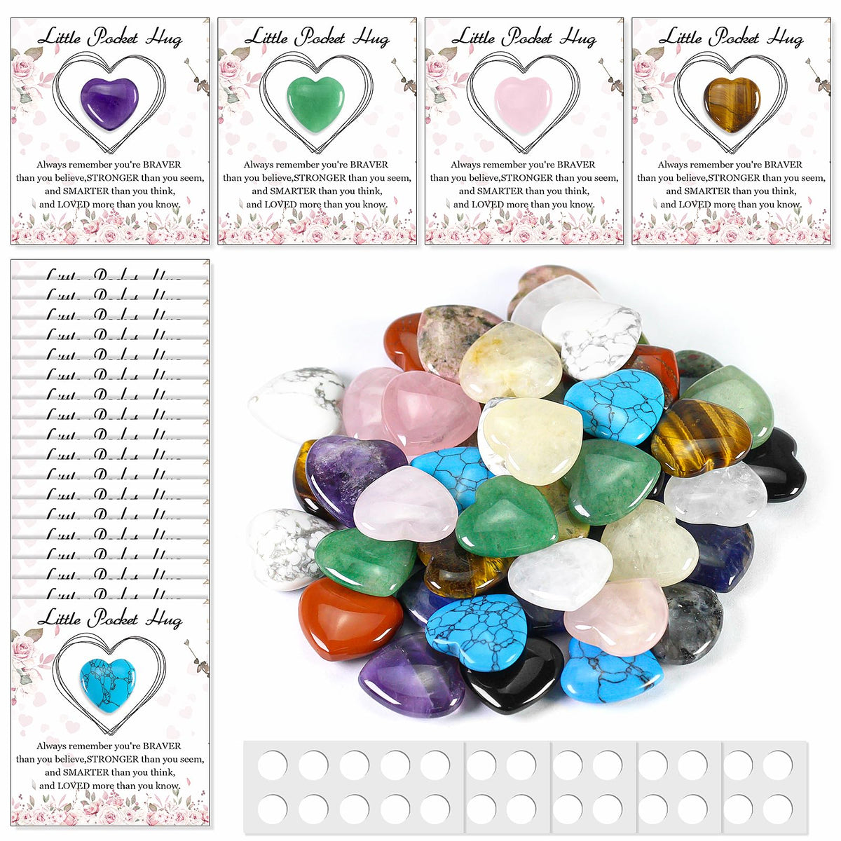50 Sets Pocket Hug Bulk with Heart Shape Natural Stones & Healing Crystals, Mini Polished Gemstones for Meditation, Yoga, Chakra Balancing, Gift for Friends, Family, Colleagues
