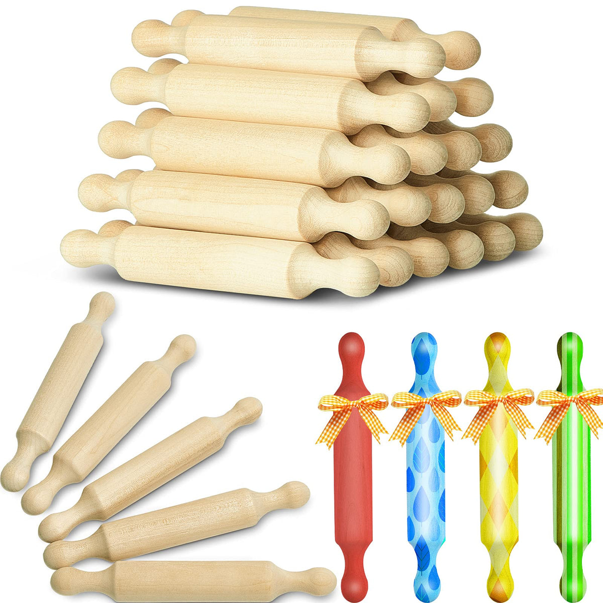 Suclain 20 Pcs Wooden Mini Rolling Pin Long Kitchen Baking Small Dough Rolling Pin for Children Fondant Pastry Pizza Crafting and Imaginative Play for Halloween and Christmas Presents (6 Inches)