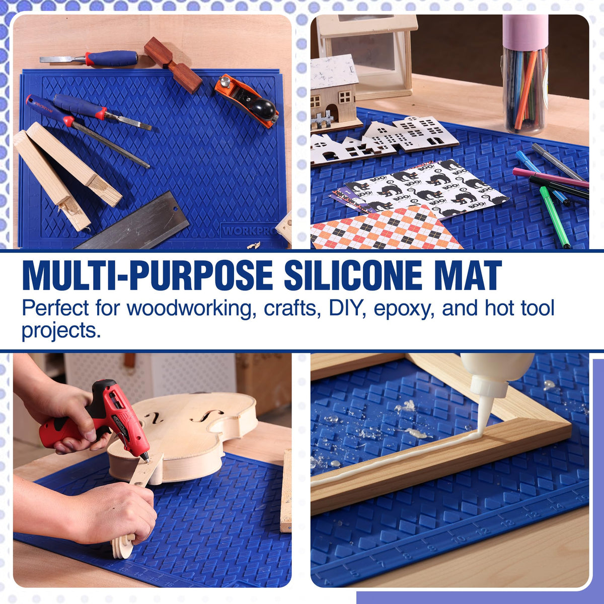 WORKPRO Silicone Glue Mat 2-Pack, Non-Stick Heat-Resistant Silicone Pad with Built-in Measurement Grid, Anti-Slip & Durable Surface for Resin, Epoxy, DIY, Crafts, Woodworking, Garage & Workshop