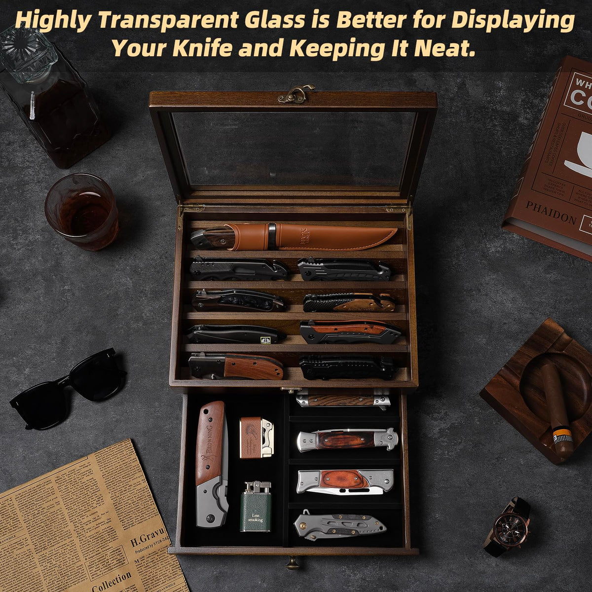 Knife Display Case Knife Collection Display Holder with Glass Lid, 2-Layer Wooden Pocket Knife Case with Drawers