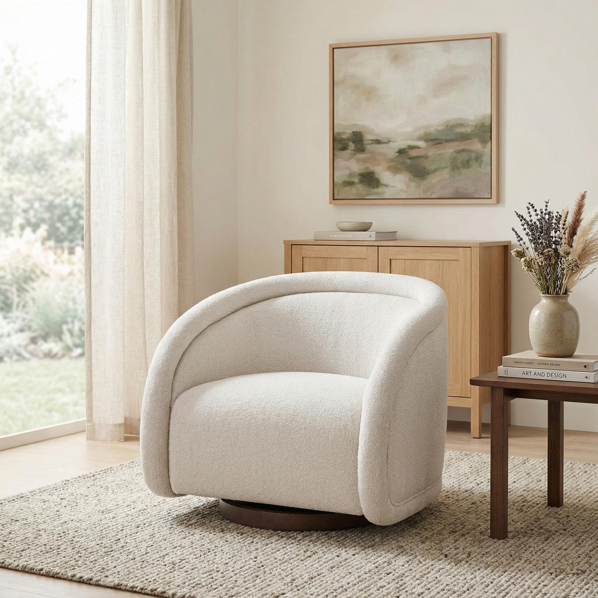 Christopher Knight Home Sabbo Swivel Chair with Solid Wood Base, Comfy Swivel Accent Chair with Curved Design, Boucle Upholstered Lounge Sofa Chair for Living Room/Bedroom, Beige + Walnut