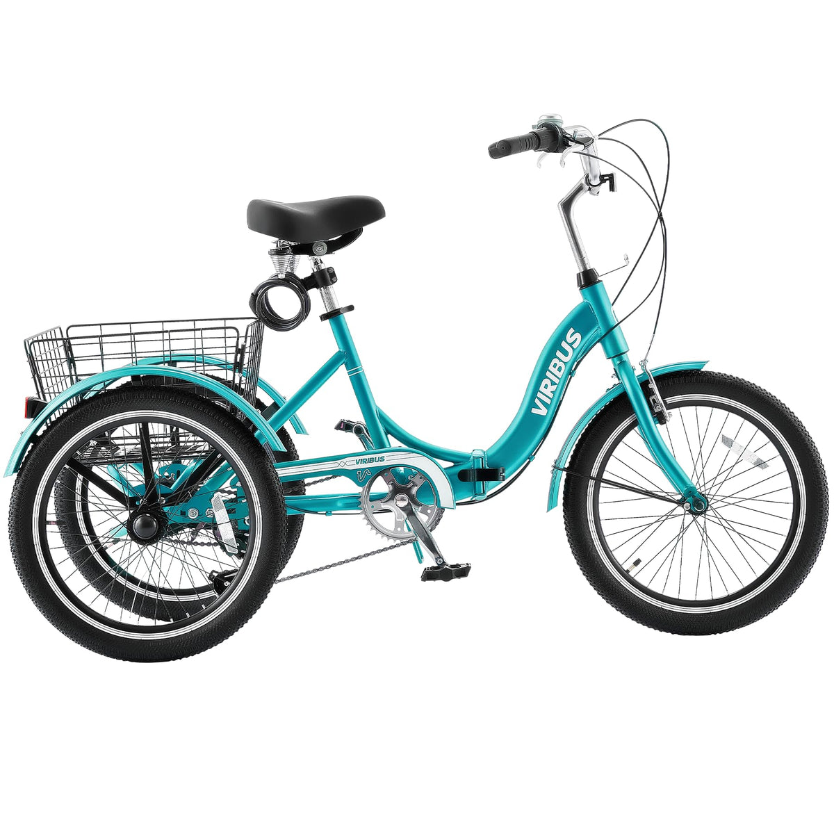 VIRIBUS Folding Tricycle for Adults, 20 inch 7 Speed Foldable Adult Tricycle for Women Men Seniors with Dual Chain, Folding 3 Wheel Bike with Lock, Collapsible Three Wheel Bicycle 330 lb. Teal