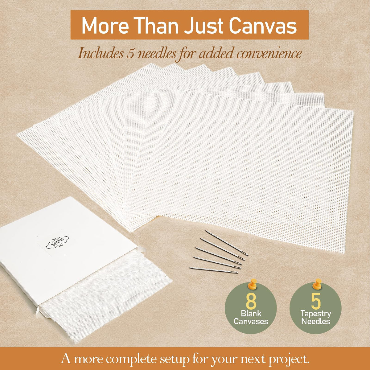 Needlepoint Canvas 13 Mesh, 8 Pack 8 x 8 Inch Pre-Cut Cotton Blank Embroidery Fabric with 5 Needles, Blank Canvas for Needlepoint, Canvaswork & DIY Craft Supplies, No-Fold Packaging