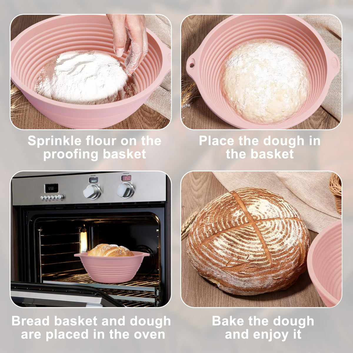 4-Pack Silicone Banneton Bread Proofing Baskets for Sourdough, 9 Inch Round Proofing Bowls with Handles, Built-In Reinforced Rim Support, Foldable, Oven & Dishwasher Safe, BPA Free