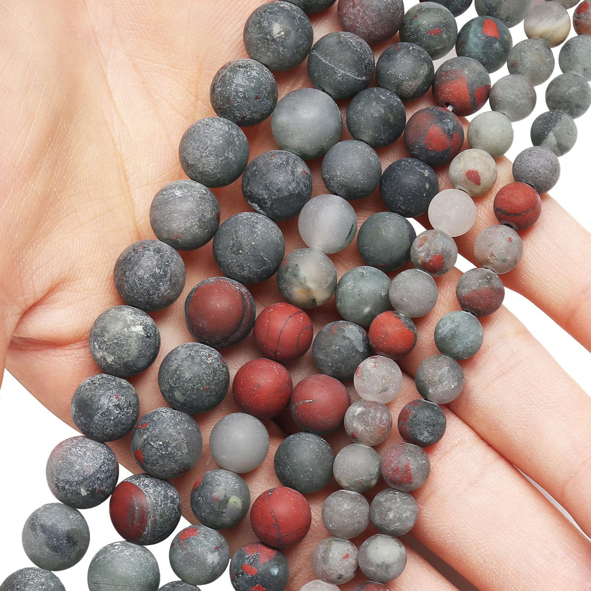 Natural Matte African Bloodstone Beads, 10MM Round Frosted Unpolished Loose Gemstone Beads for Bracelet Necklace Jewelry Making, Energy Stone Healing Power with Stretch Beading Cord