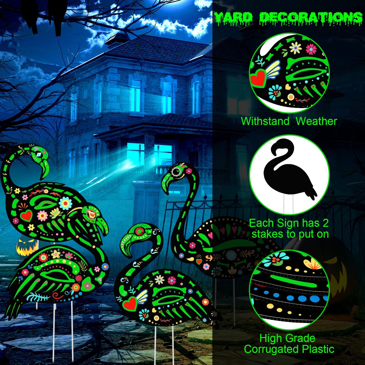 Amyhill 4 Pcs Halloween Glow in The Dark Skeleton Flamingo Yard Ornament with Stake Flamingo Outdoor Lawn Decor Scary Plastic Skeleton Yard Sign for Party