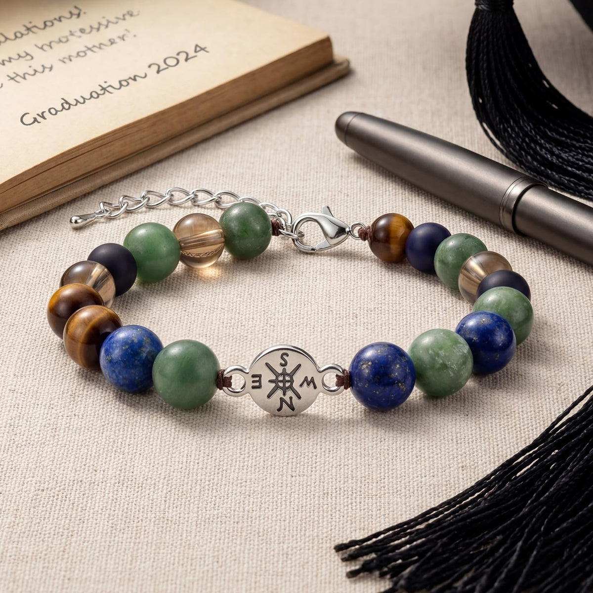 Graduation Bracelet Set 2026 for Him & Her, Natural stone Beaded Bracelet with 7 Chakra Stones or Matte Style, Compass Keychain, Card & Gift Box for High School College Grad (Minimalist Matte)