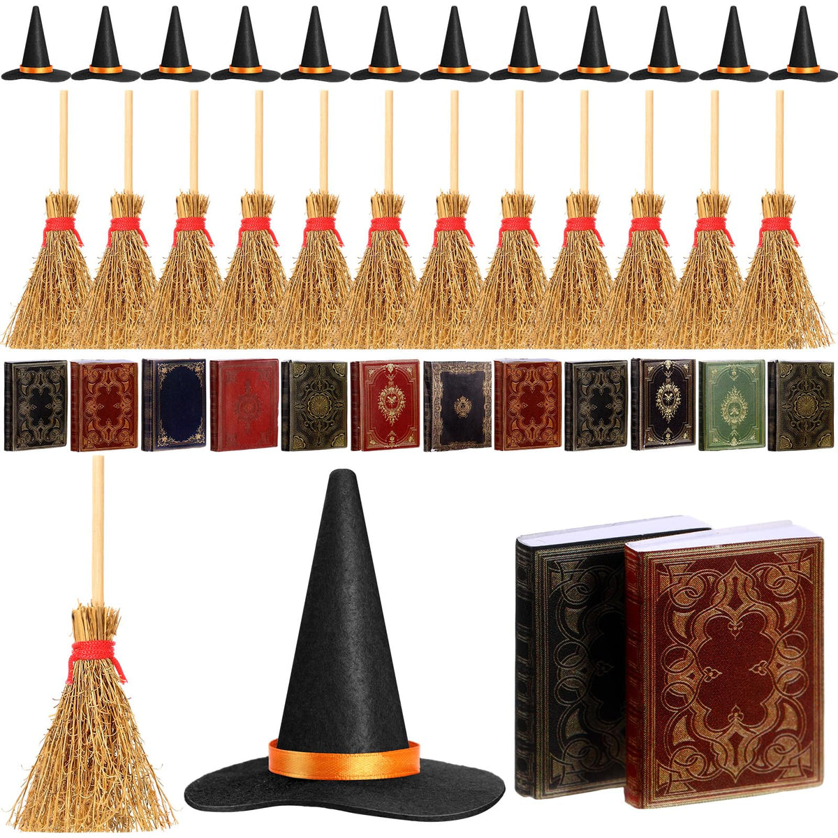 Yuntau 36 Pieces Mini Halloween Decorations 12 Mini Felt Witch Hats 12 Small Brooms 12 Miniature Dollhouse Books Tiny Witch Accessories Set for DIY Crafts Halloween Party Decor Supplies