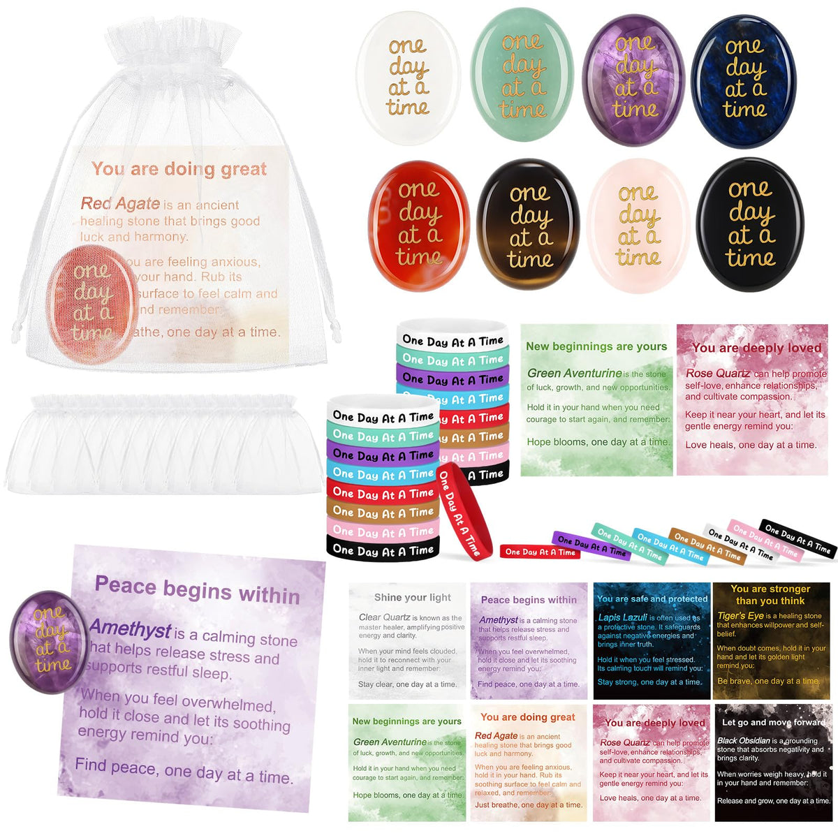 Soulchen 16 Sets Thumb Worry Stones for Anxiety Stress Relief Items Chakra Stones One Day at a Time Bracelet Meditation Reiki Spiritual Gift for Women Men Cancer Addiction Recovery Sobriety