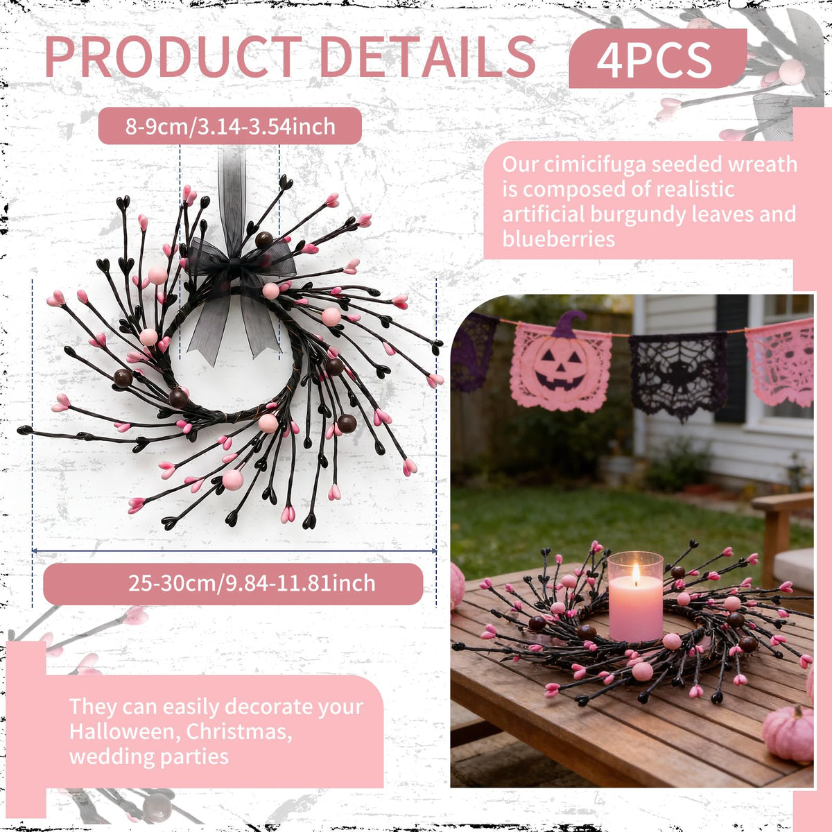 4 Pcs Pink Halloween Mini Candle Ring Wreaths Black Twig & Pink Buds with Bead Accents Artificial Pillar Candle Holder Wreath for Spooky Cute Gothic Home Cabinet Table Porch Decoration