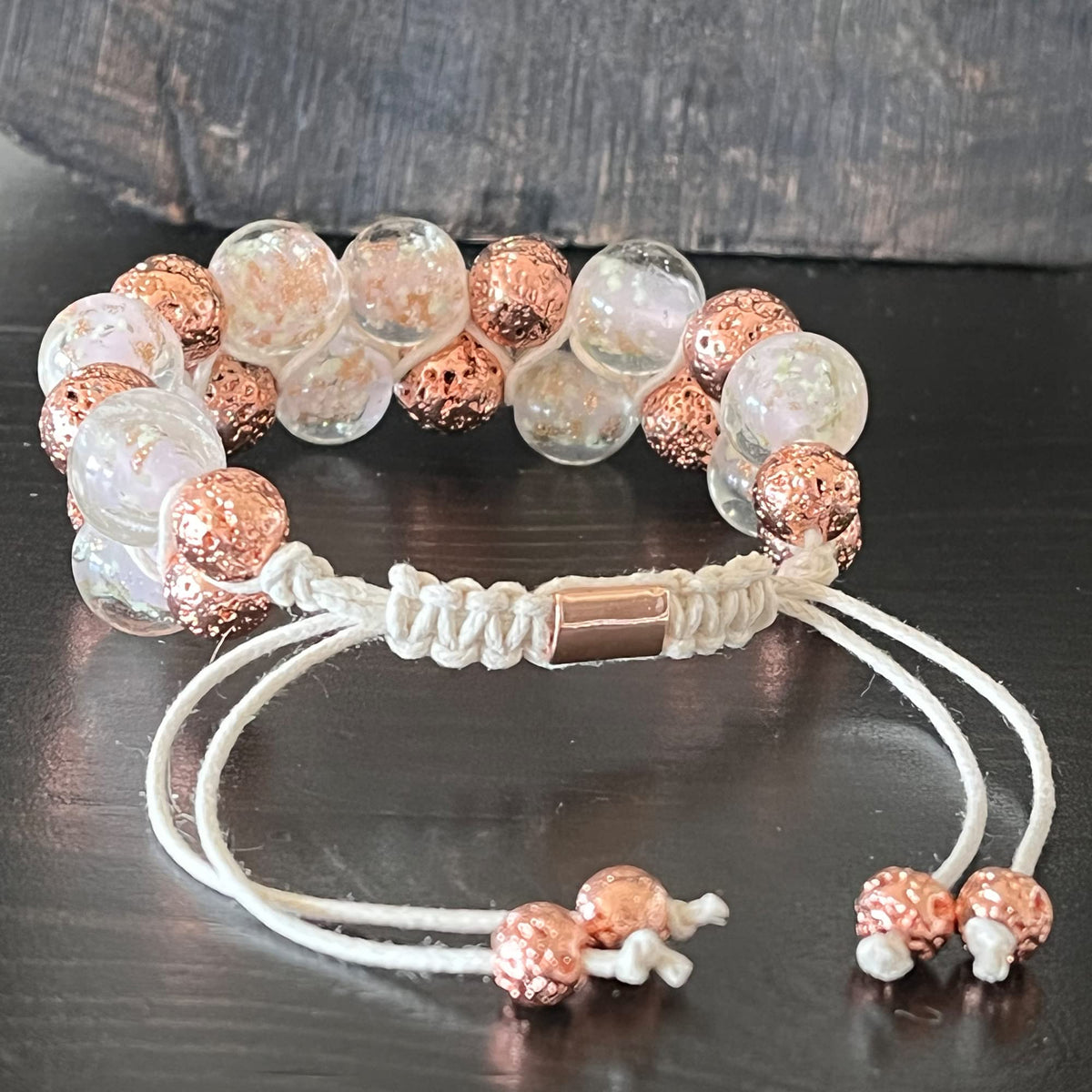 ARTSY Crafts Glow in The Dark Firefly Beads Bracelets, 7 Chakras Crystal Mermaid Glass Beaded Bracelets for Anti Anxeity Healing Energy Money Wealth Abundance Stackable Bangle Wristband (2-Row Pink)