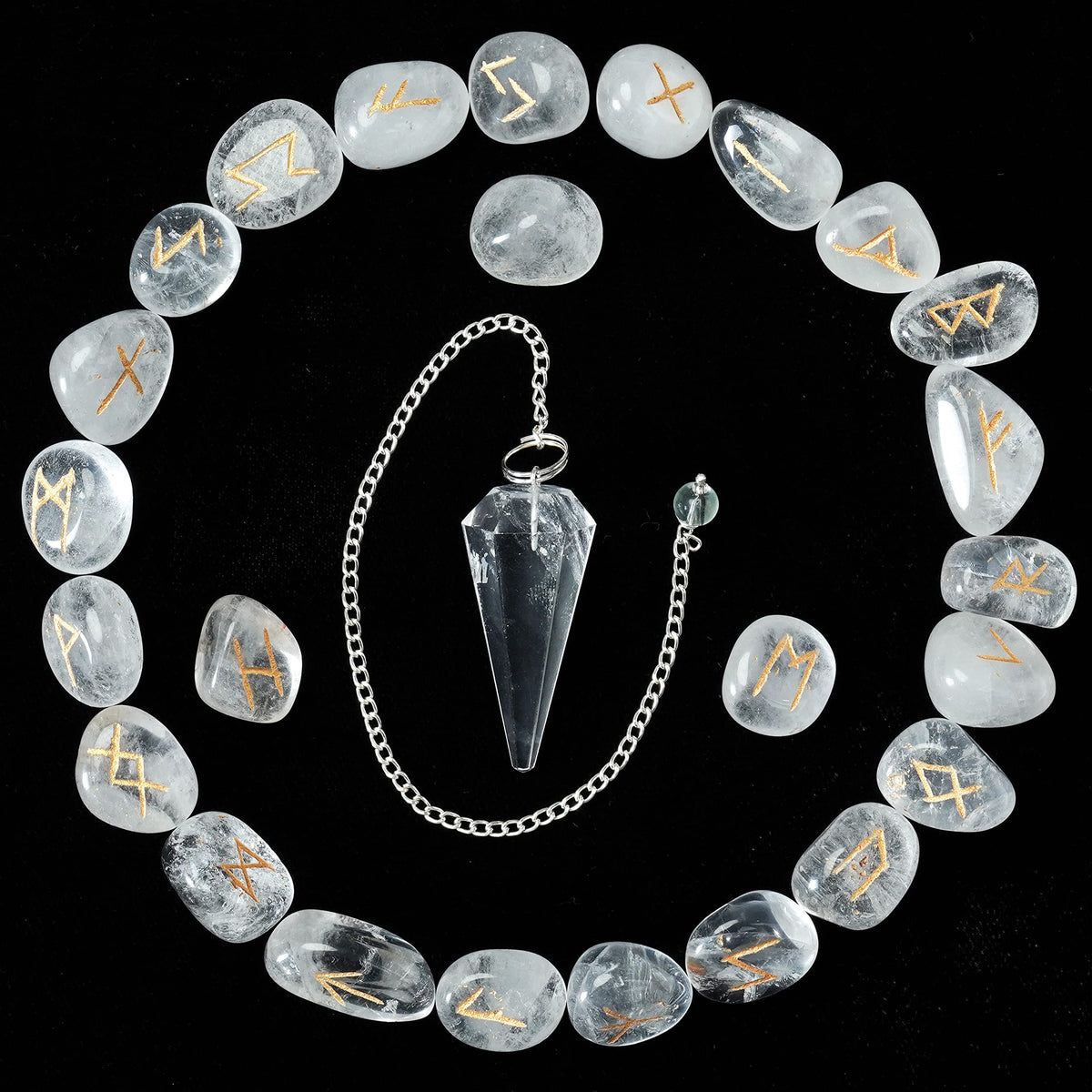 Crocon Clear Quartz Gemstone Engraved Rune Stones Set (25 Pcs) with Elder Futhark Alphabets & 1 Clear Quartz Pendulum Reiki Healing Meditation Balancing Gift Home Office Decor. Size: 15-20 mm