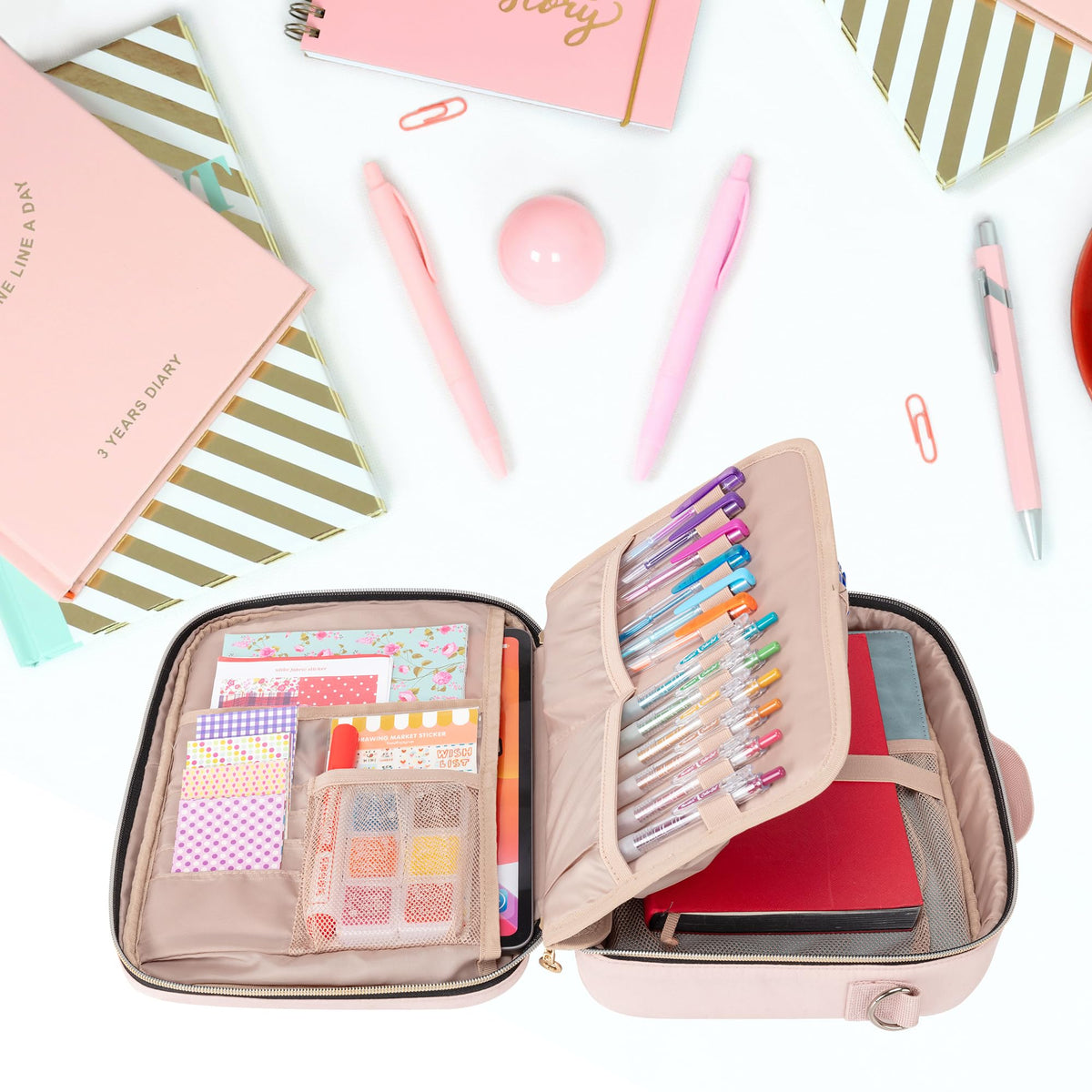 Teamoy Journal Supplies Storage Case, Journal Supplies Holder with Detachable Pen Slots, Travel Organizer Holder for B5 Notebooks, Planner, Pens, Journal Supplies and Accessories, Pink Quilted