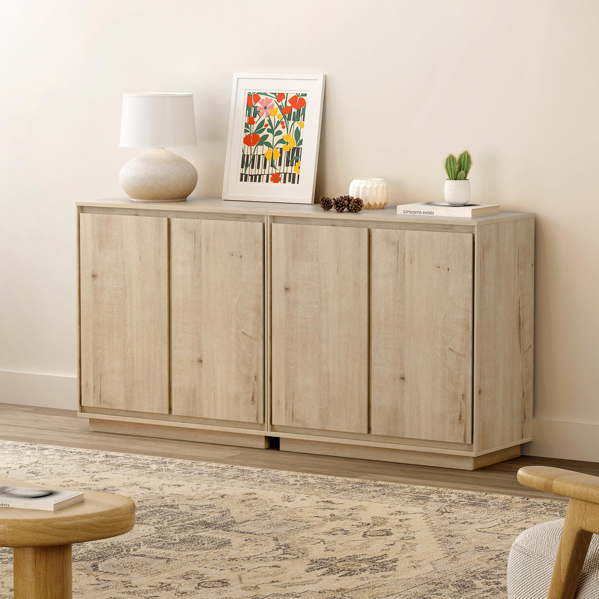 EYYTHUNG Buffet Storage Cabinet Set of 3, Sideboard Accent Cabinet with Adjustable Shelves and Handless Design, Credenza, Console Table for Living Room, Light Oak