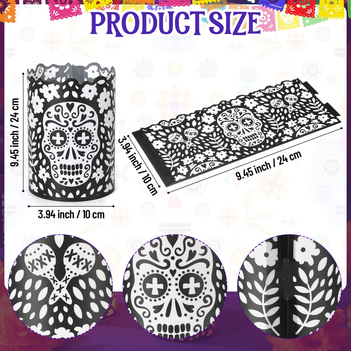 Tuanse 24 Pcs Dia De Los Muertos Decorations Luminary Paper Day of The Dead Votive Candles Holders Altar Paper Lampshade for Halloween Dia De Los Muertos Party Decor Supplies(Black)