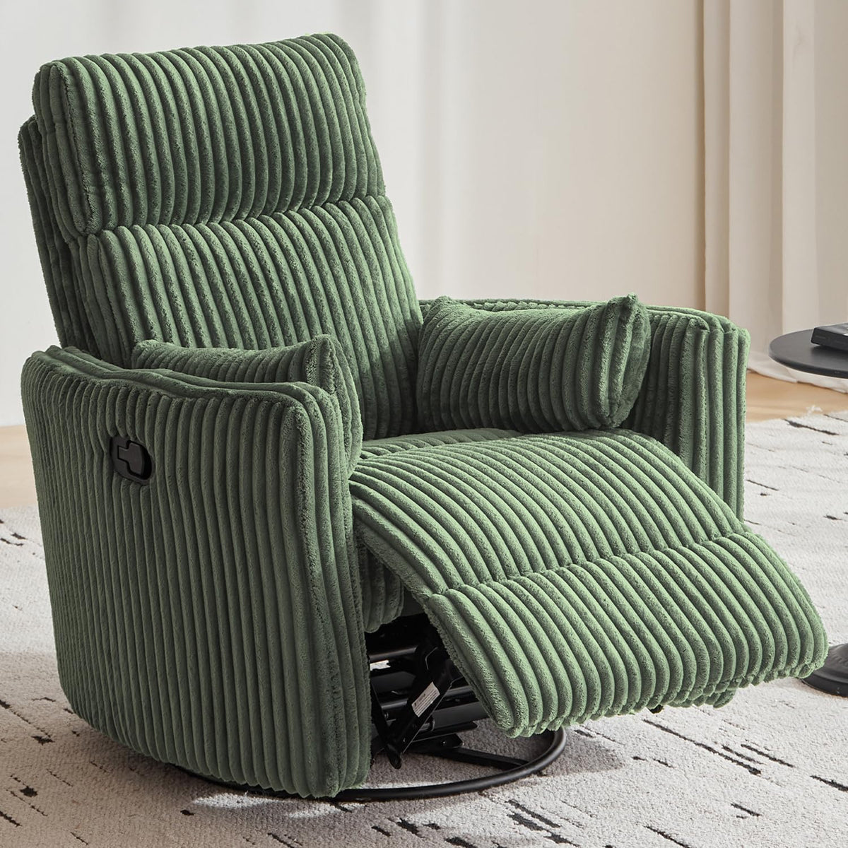 LINSY 360 Swivel Recliner Chair, Nursery Glider Rocking Chair with 2 Pillows, Corduroy Nursing Chair Comfy High Back Adult Rocker Recliner for Small Spaces, Nursery Bedroom Living Room (Green)