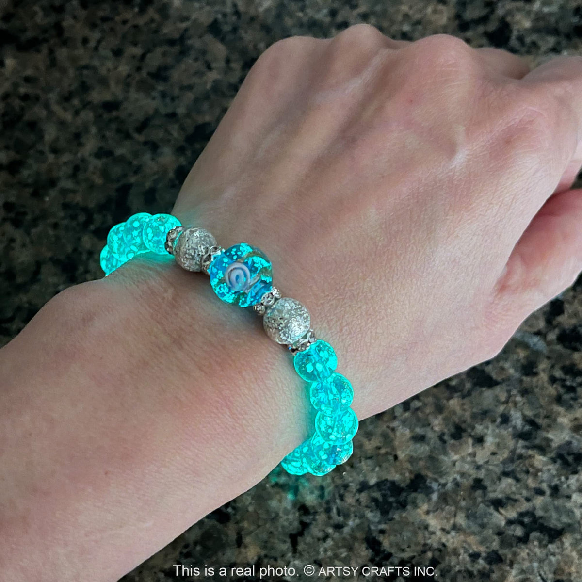 ARTSY Crafts Glow in the Dark Firefly Beads Bracelet for Women, Luminous Glass Beads Healing Crystal Glowing Beaded Bracelets, Mermaid Bracelet, Stretch Stackable Bangle Wristband (Sky Blue)