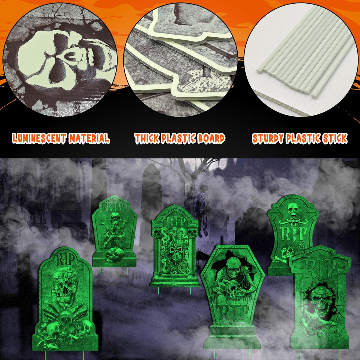 Halloween Decorations Tombstones Yard Sign,6Pcs Luminous Rip Halloween Gravestones With 13.7'' Stake Large Graveyard Glow In The Dark Headstone Signs For Outdoor Yard Lawn Garden Cemetery Scary Decor