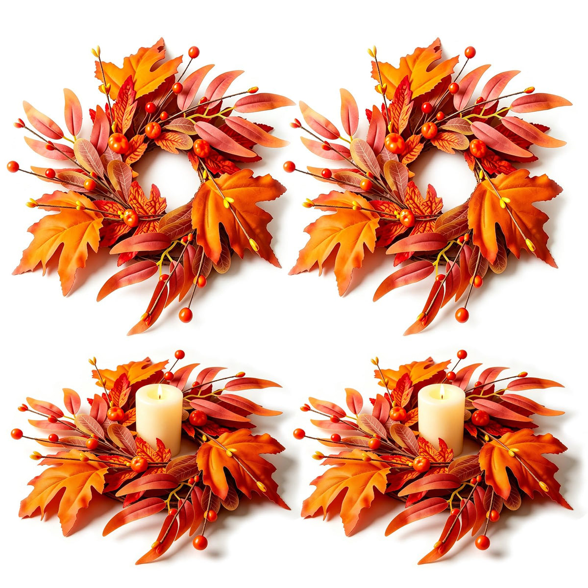 4 Pcs Mini Fall Wreaths Thanksgiving Table Centerpieces Fall Candle Rings 9 Inch Maple Leaf Wreaths for Cabinets Farmhouse Autumn Wreath for Front Door Porch Wall Window Decorations