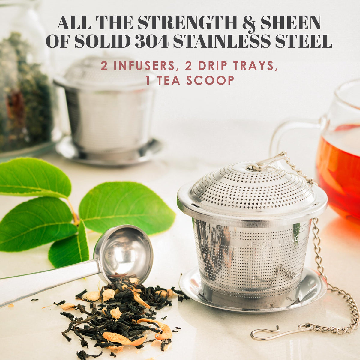 Tea Infuser (Set of 2) with Tea Scoop and Drip Dray - Ultra Fine Tea Strainer for Loose Leaf Tea - Stainless Steel Tea Steeper for a Superior Brewing Experience