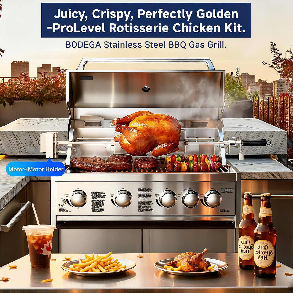 BODEGA 30 Inch Propane Gas Grill, 4x12000-BTU Gas Grill & 1x10000-Infrared Back Burner, Stainless Steel 5-Burner Propane Grill for Outdoor Kitchen, Rotisserie Chicken Fork Kit | Backyard BBQ, Camping.