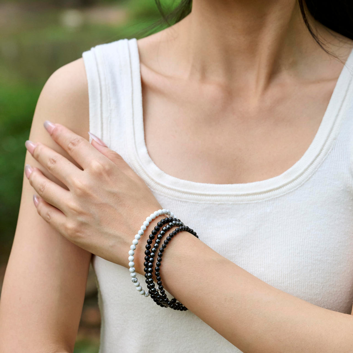 Bivei Hematite - Grounding - 4mm Beaded Bracelets for Women Handmade Semi Precious Natural Stone Stretch Elastic Jewelry Yoga Protection Gifts Small