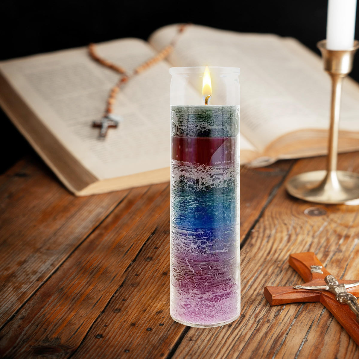 Mega Candles 1 pc Unscented 7 Color Glass Devotional Prayer Candles, Hand Poured Wax Candle 2 Inch x 8 Inch, Sanctuary, Vigils, Prayers, Casting Chimes, Spiritual, Rituals, Spells, Wicca, Deities