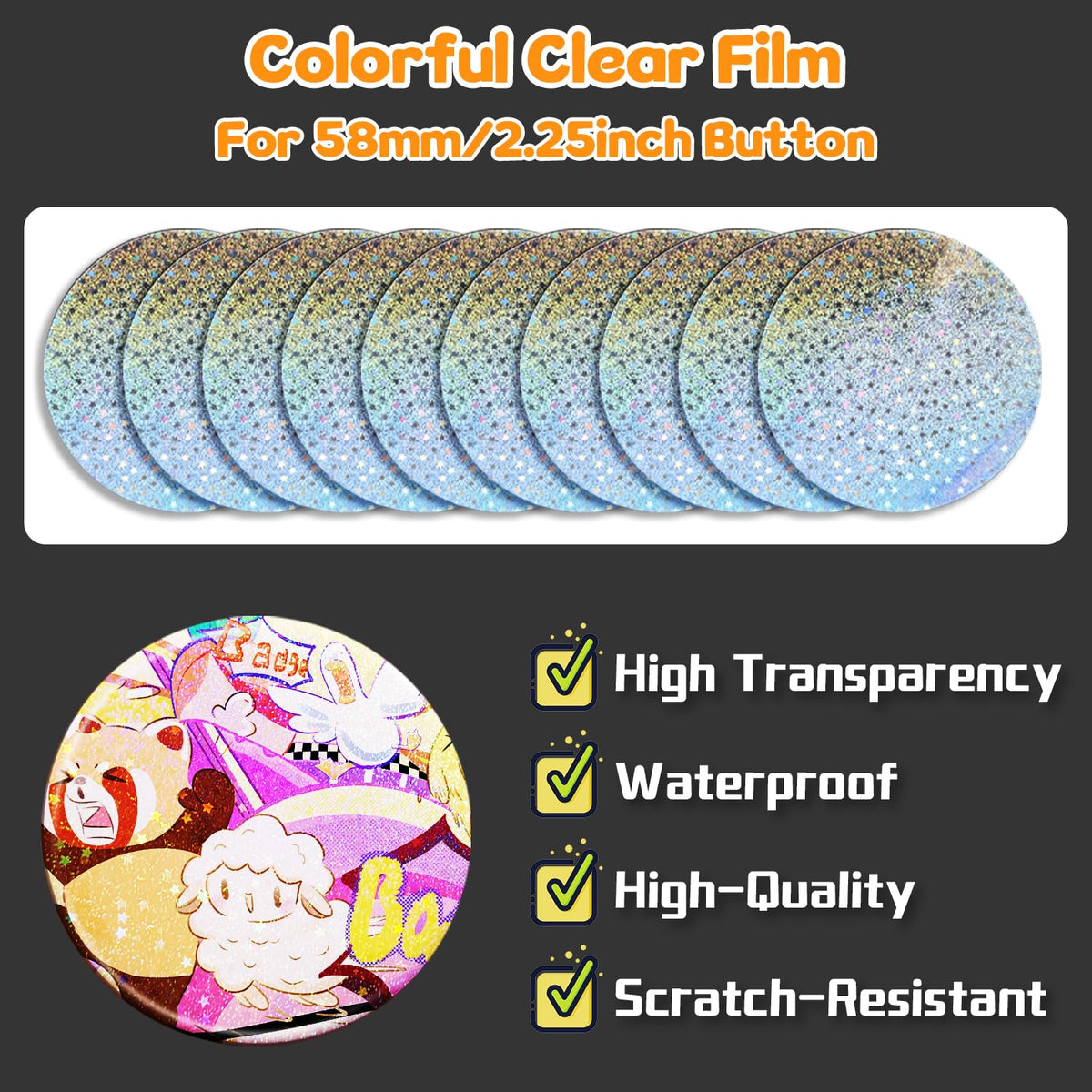 200 PCS Badge Film for Your 58mm / 2.25 in (Approx. 2-1/4 inch) Round Button Maker Machine，8 Different Holographic Button Making Supplies Film (200pcs Sand Star for 2.25inch Badge)