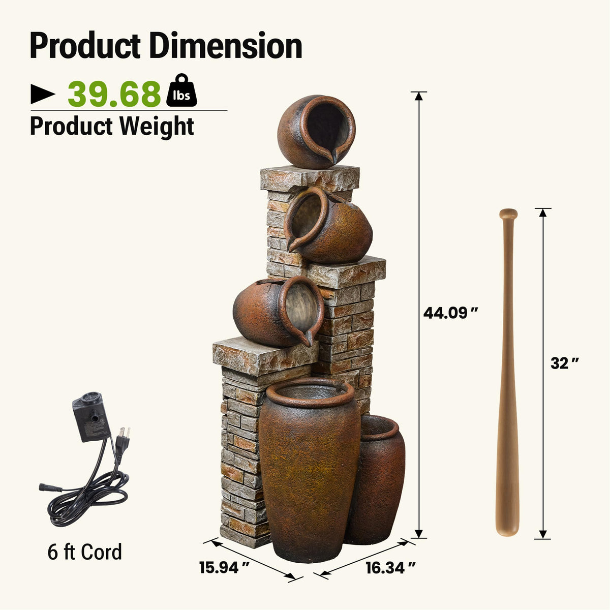 Dalxo 44-Inch Outdoor Water Fountain, 5-Tier Floor Standing Cascading Jars and Stacked Stones Resin Waterfall Fountain with 4 LED Lights, Home Decor for Garden, Patio, Yard, Farmhouse or Deck in Brown
