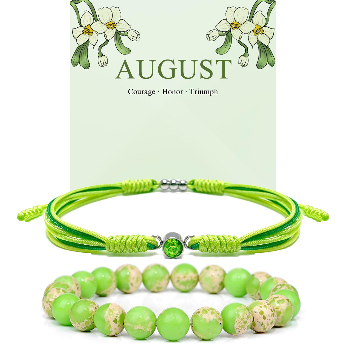 Crgwxzl August Birthstone Bracelets for Women Men,Healing Crystal Protection Stone Green Imperial Jasper Beads Bracelet,String Wrap Zodiac Month Bracelets Birthday Jewelry Gifts